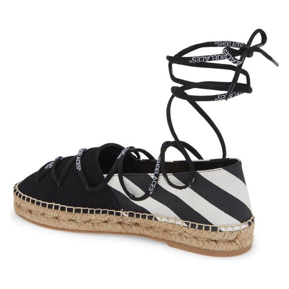 Off-White c/o Virgil Abloh Black & White Canvas Striped Lace-Up Espadrille Flat - Picture 4 of 16